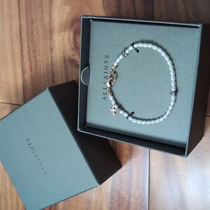 All Saints Faux Pearl Crystal Cross Flex Bracelet New in Box ❤️
